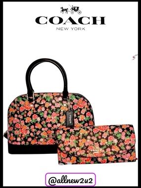 COACH Sierra Posey Cluster Floral Coated Canvas Satchel Bag Black/Pink  Wallet